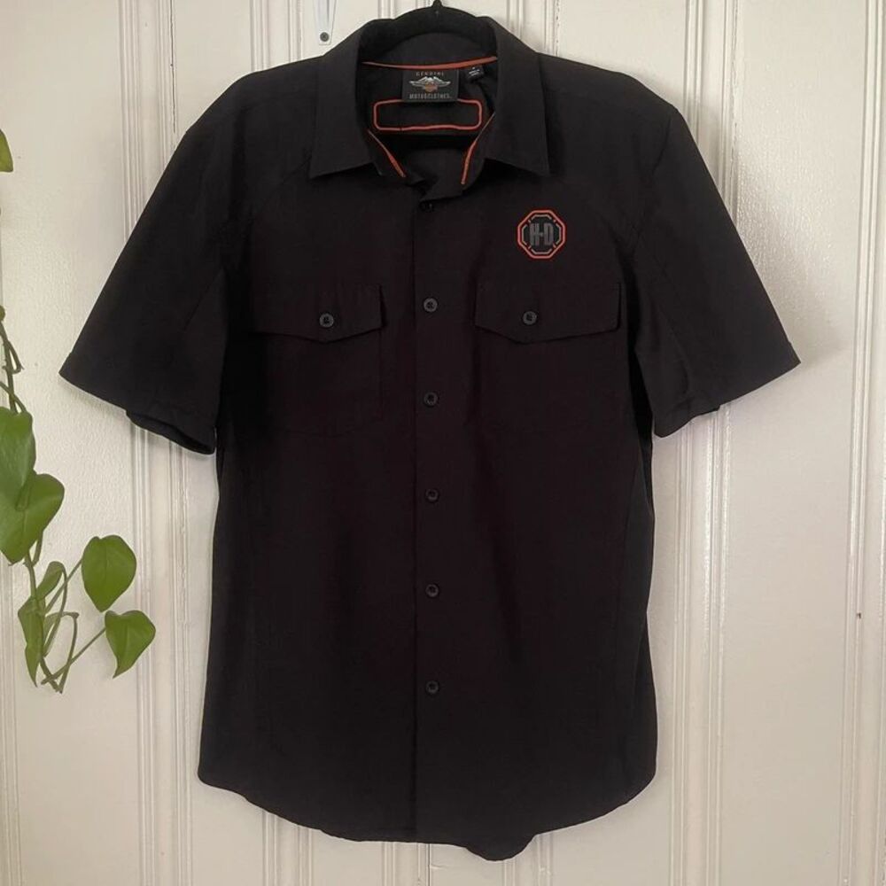 Harley-Davidson Men Black Short Sleeve Button Up Performance Shirt Orange Logo M